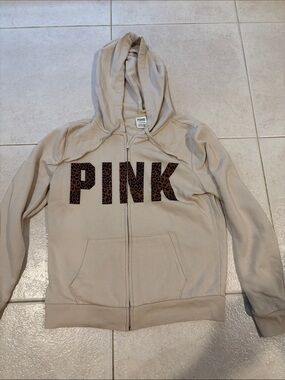 PINK Victoria's Secret Beige Zip-Up Hoodie with Leopard Logo